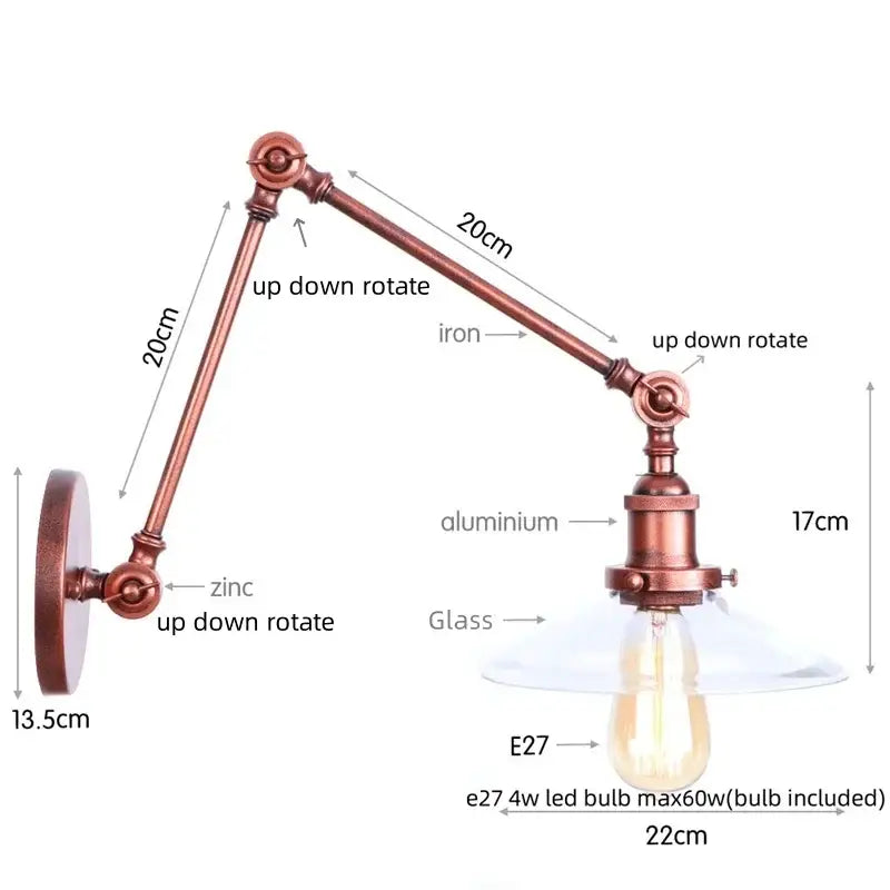 GobekUsa Adjustable Glass Swing Arm LED Wall Sconce with Pull Chain Switch, photo 10 of 22