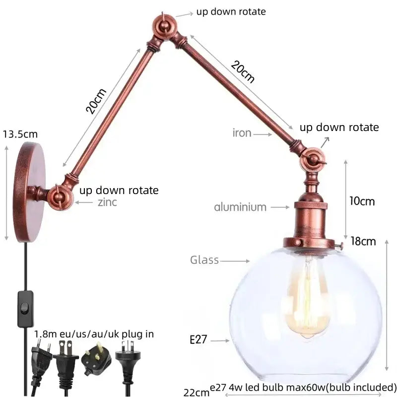 GobekUsa Adjustable Glass Swing Arm LED Wall Sconce with Pull Chain Switch, photo 11 of 22