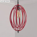 GobekUsa Industrial Gray/Red Oval Cage Hanging Pendant Light with Adjustable Chain - 1 Bulb - Ideal for Restaurants, Metallic Design
