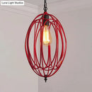 GobekUsa Industrial Gray/Red Oval Cage Hanging Pendant Light with Adjustable Chain - 1 Bulb - Ideal for Restaurants, Metallic Design