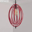 GobekUsa Industrial Gray/Red Oval Cage Hanging Pendant Light with Adjustable Chain - 1 Bulb - Ideal for Restaurants, Metallic Design