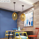 GobekUsa Industrial Gray/Red Oval Cage Hanging Pendant Light with Adjustable Chain - 1 Bulb - Ideal for Restaurants, Metallic Design
