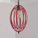GobekUsa Industrial Gray/Red Oval Cage Hanging Pendant Light with Adjustable Chain - 1 Bulb - Ideal for Restaurants, Metallic Design