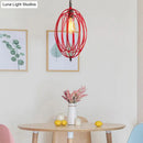 GobekUsa Industrial Gray/Red Oval Cage Hanging Pendant Light with Adjustable Chain - 1 Bulb - Ideal for Restaurants, Metallic Design