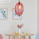 GobekUsa Industrial Gray/Red Oval Cage Hanging Pendant Light with Adjustable Chain - 1 Bulb - Ideal for Restaurants, Metallic Design