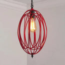 GobekUsa Industrial Gray/Red Oval Cage Hanging Pendant Light with Adjustable Chain - 1 Bulb - Ideal for Restaurants, Metallic Design