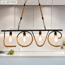 GobekUsa Industrial Metal and Rope Island Lamp with LOVE Design, 4 Bulbs, Beige Finish