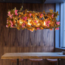 GobekUsa Industrial Metal LED Hanging Lamp in Pink/Brown with Flower Decoration - 4-Light Rectangle Island Light