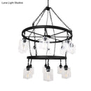 GobekUsa Industrial Pendant Chandelier: 2-Tier Wheel Multi-Light Lamp with Clear Glass, Black Finish, and Cylinder Shade