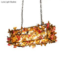 GobekUsa Industrial Metal LED Hanging Lamp in Pink/Brown with Flower Decoration - 4-Light Rectangle Island Light
