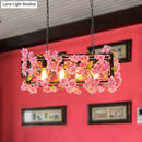 GobekUsa Industrial Metal LED Hanging Lamp in Pink/Brown with Flower Decoration - 4-Light Rectangle Island Light