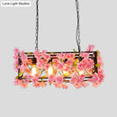 GobekUsa Industrial Metal LED Hanging Lamp in Pink/Brown with Flower Decoration - 4-Light Rectangle Island Light