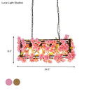 GobekUsa Industrial Metal LED Hanging Lamp in Pink/Brown with Flower Decoration - 4-Light Rectangle Island Light