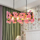GobekUsa Industrial Metal LED Hanging Lamp in Pink/Brown with Flower Decoration - 4-Light Rectangle Island Light