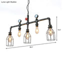 GobekUsa Industrial Silver Island Lighting with 5 Bulbs, Metallic Caged Hanging Lamp, Pipe, and Pressure Gauge