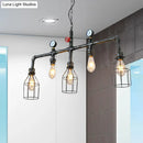 GobekUsa Industrial Silver Island Lighting with 5 Bulbs, Metallic Caged Hanging Lamp, Pipe, and Pressure Gauge