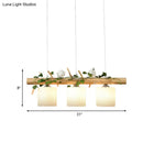 GobekUsa Industrial 3-Light Hanging Pendant for Coffee Shop with Milky Glass Cylinder, Wooden Stick, and Bird Accent