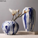 GobekUsa Blue & White Porcelain Vase: Ink Style Flowers, Aesthetic Room Decor