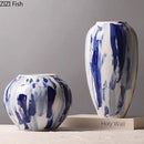 GobekUsa Blue & White Porcelain Vase: Ink Style Flowers, Aesthetic Room Decor