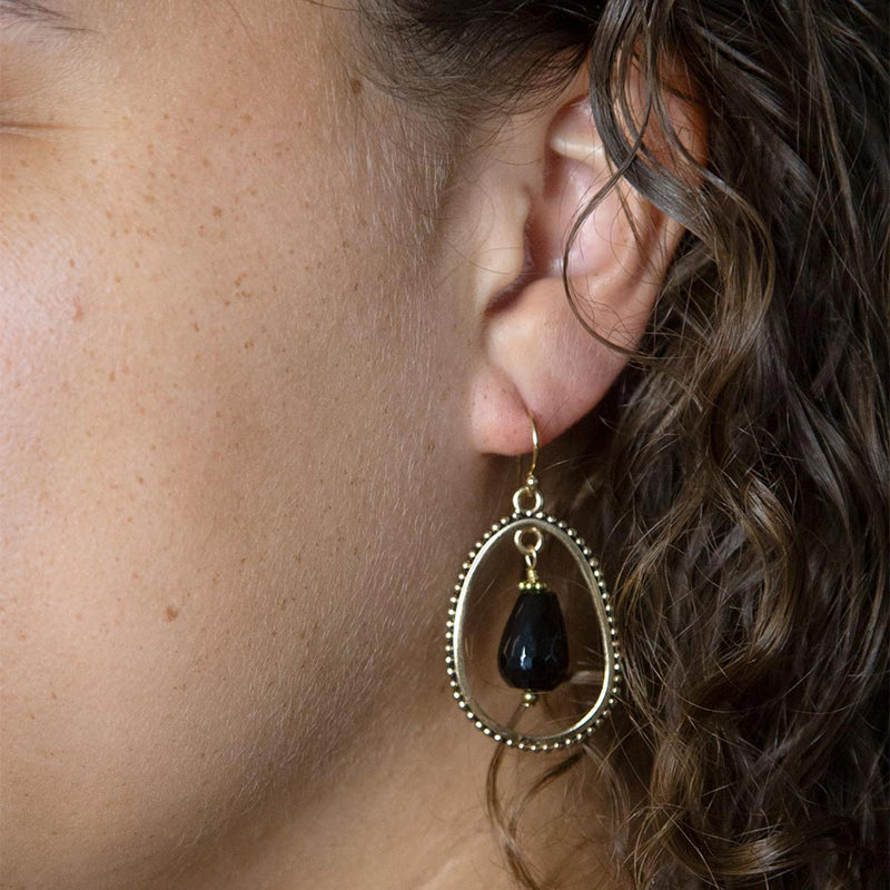 Inline Black Onyx Drop Golden Earrings