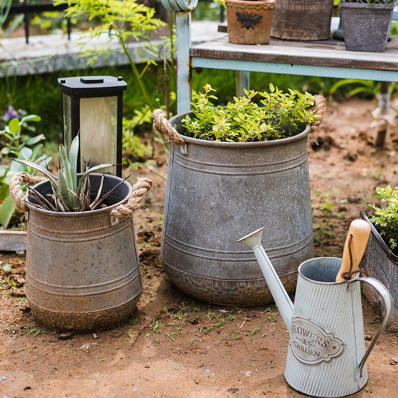 Metal Flower Pail with Rope Handles