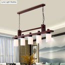 GobekUsa 5-Light Island Pendant: Traditional Linear Wood Hanging Light in Brown with Opal Glass Shade