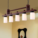 GobekUsa 5-Light Island Pendant: Traditional Linear Wood Hanging Light in Brown with Opal Glass Shade