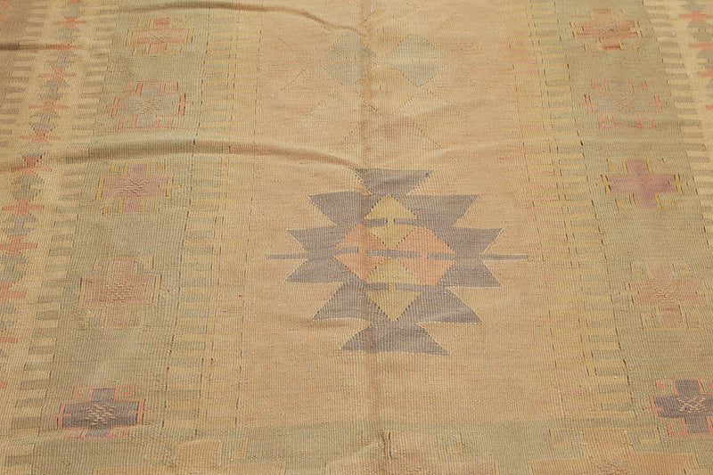 6'4" x 10'3" Tan Hand woven Tribal Turkish Kilim Wool Vegetable Dyes Traditional Oriental Area rug