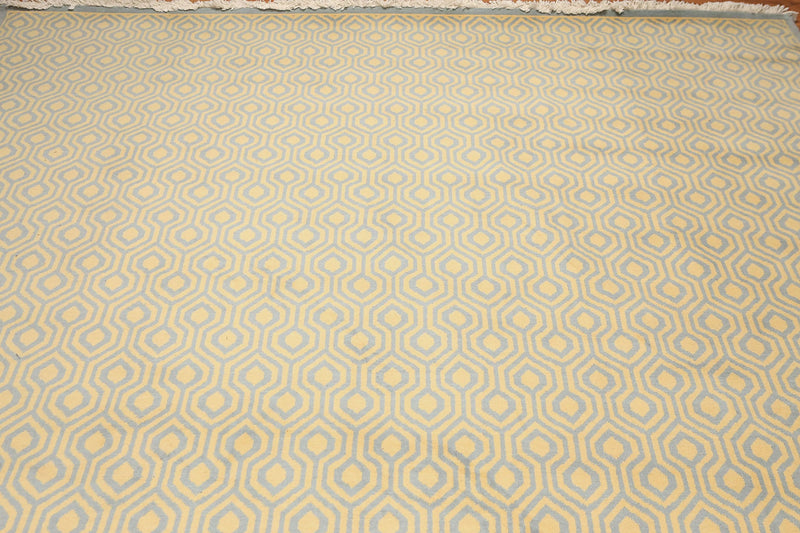 9' x 12' Hand knotted Honeycomb Wool Full Pile Area Rug Light blue Gold