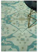 Ivory and Aqua Hand Knotted Oriental Oushak Custom Made Wool Rug