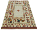 5x7 Flatwoven Soumak, Ivory and Beige Indian Wedding, Hand Spun Wool Hand Knotted Southwestern Gabbeh Rug | KNT42