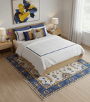 Ivory and Blue Hand Knotted Traditional Design 8x10 wool Area Rug