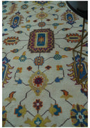 Ivory and Blue Hand Knotted Traditional Design 8x10 wool Area Rug
