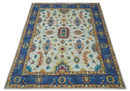 Ivory and Blue Hand Knotted Traditional Design 8x10 wool Area Rug