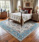 Ivory and Blue Hand-Knotted Traditional Wool Oushak Area Rug - Persian-Inspired Design by The Rug Decor