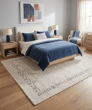 Wool Area Rug Hand Loomed Ivory and Blue Tribal Border Design with Brown Accents by The Rug Decor