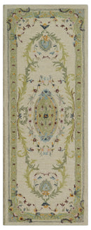 Ivory and Green French Aubusson Hand Tufted Pure Wool Area Rug
