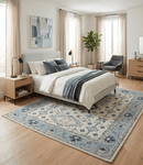 Ivory and Light Blue Wool Area Rug - Hand Knotted Traditional