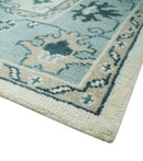 Ivory and Light Blue Wool Area Rug - Hand Knotted Traditional