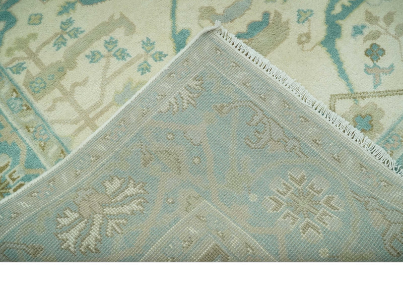 Ivory and Teal Hand Knotted 6x9 Traditional Oriental Oushak wool rug