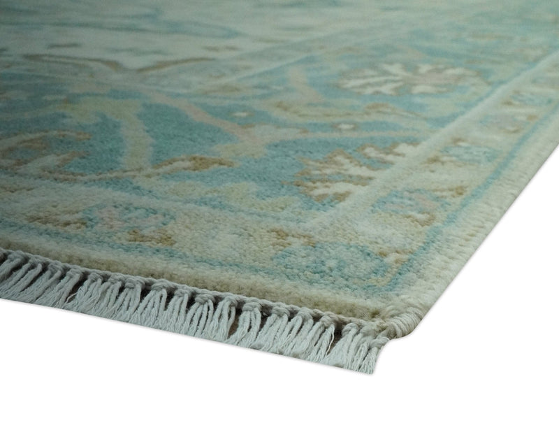 Ivory and Teal Hand Knotted 6x9 Traditional Oriental Oushak wool rug