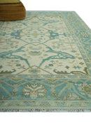 Ivory and Teal Hand Knotted 6x9 Traditional Oriental Oushak wool rug