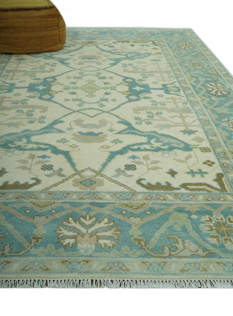 Ivory and Teal Hand Knotted 6x9 Traditional Oriental Oushak wool rug
