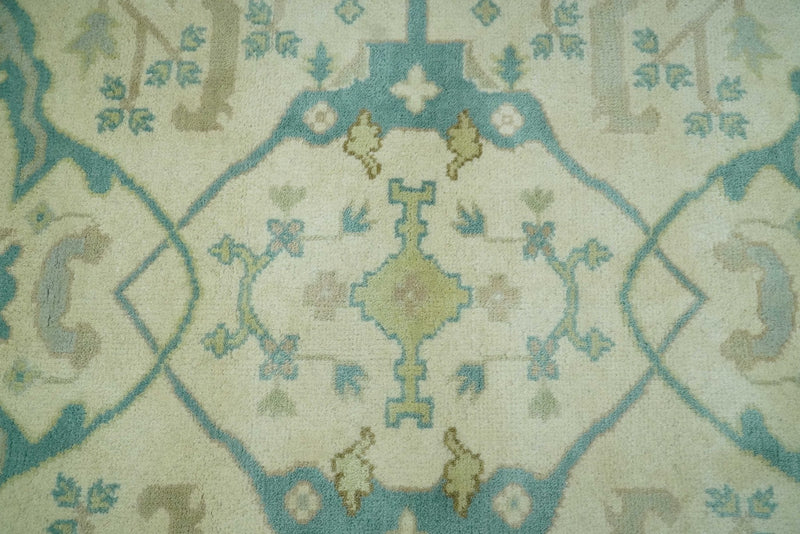 Ivory and Teal Hand Knotted 6x9 Traditional Oriental Oushak wool rug