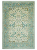 Ivory and Teal Hand Knotted 6x9 Traditional Oriental Oushak wool rug