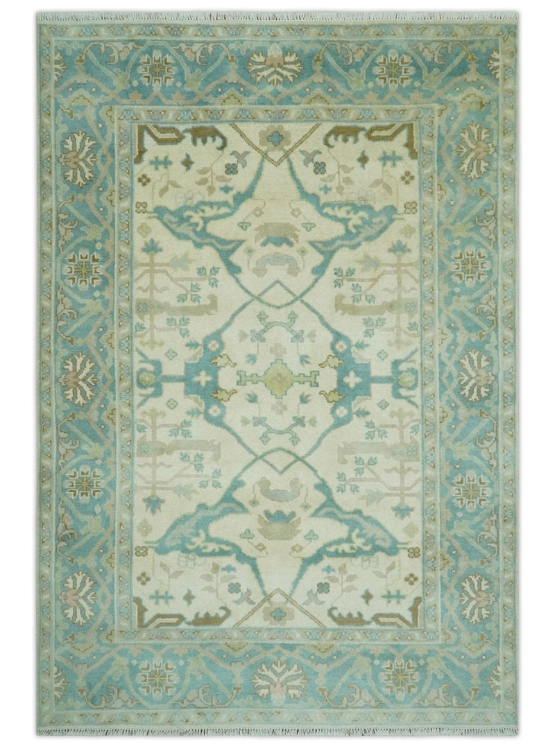 Ivory and Teal Hand Knotted 6x9 Traditional Oriental Oushak wool rug