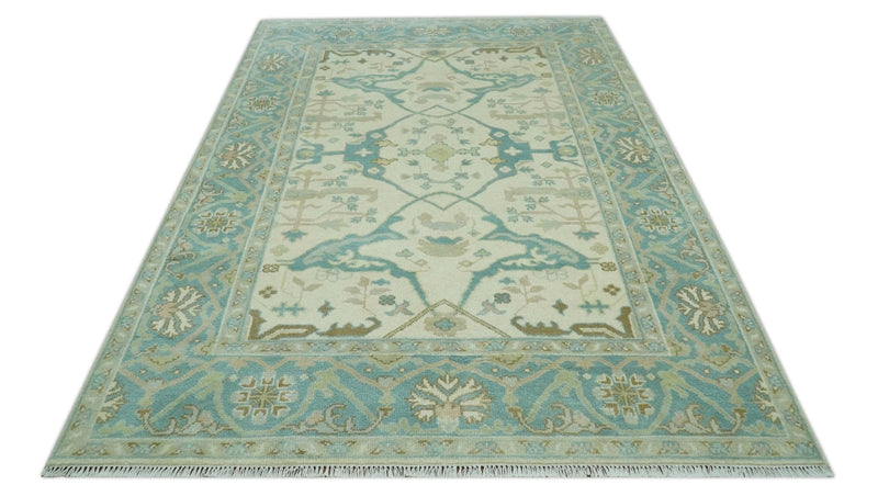 Ivory and Teal Hand Knotted 6x9 Traditional Oriental Oushak wool rug