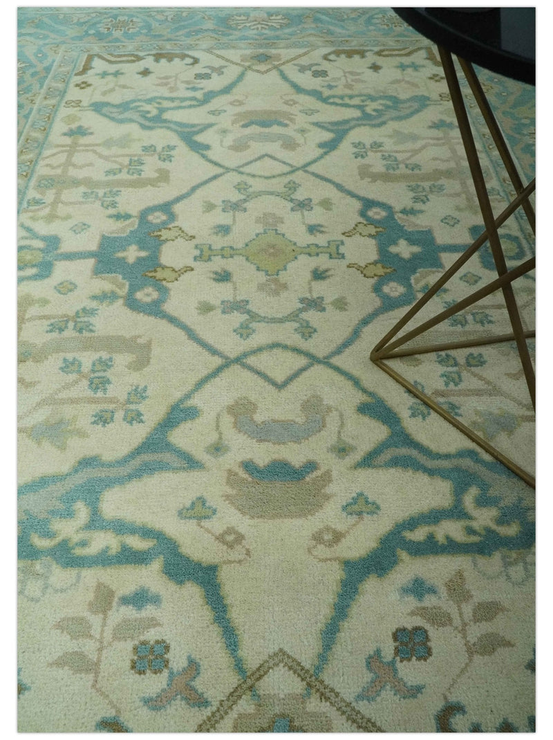 Ivory and Teal Hand Knotted 6x9 Traditional Oriental Oushak wool rug