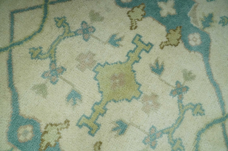 Ivory and Teal Hand Knotted 6x9 Traditional Oriental Oushak wool rug