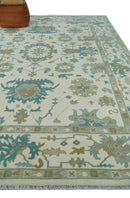 Ivory, Beige and Teal Hand Knotted Antique 9x13 Traditional Oushak Wool Rug by The Rug Decor